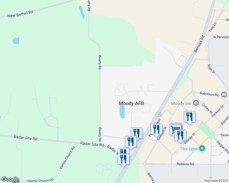 map of restaurants, bars, coffee shops, grocery stores, and more near 1647 Mercury Drive in Valdosta