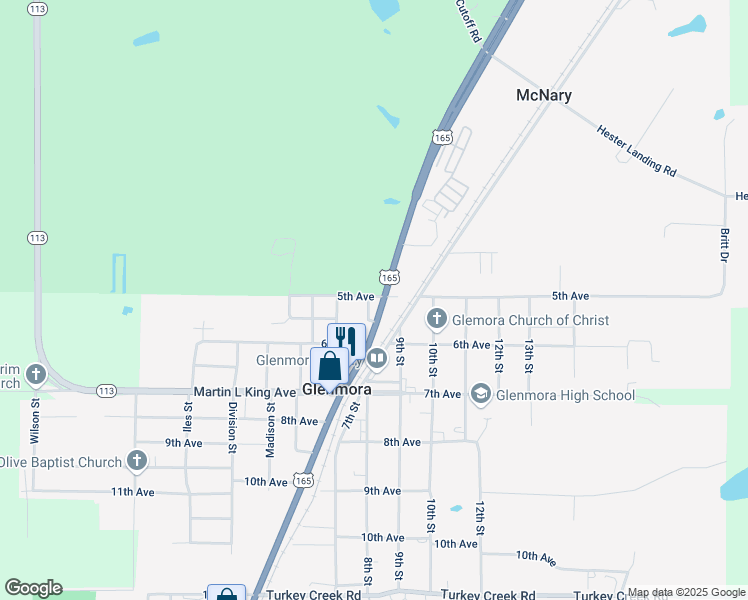 map of restaurants, bars, coffee shops, grocery stores, and more near 12285 U.S. 165 in Glenmora