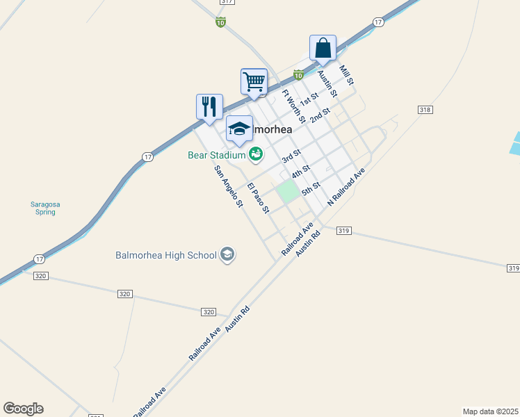map of restaurants, bars, coffee shops, grocery stores, and more near 405 El Paso Street in Balmorhea