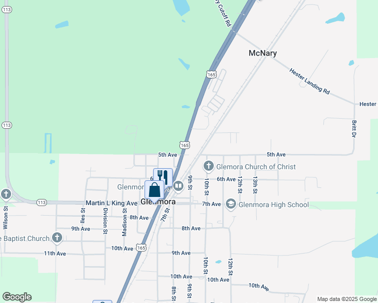 map of restaurants, bars, coffee shops, grocery stores, and more near 12285 U.S. 165 in Glenmora