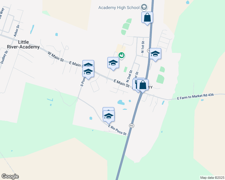 map of restaurants, bars, coffee shops, grocery stores, and more near 604 East Sandy Lane in Little River-Academy