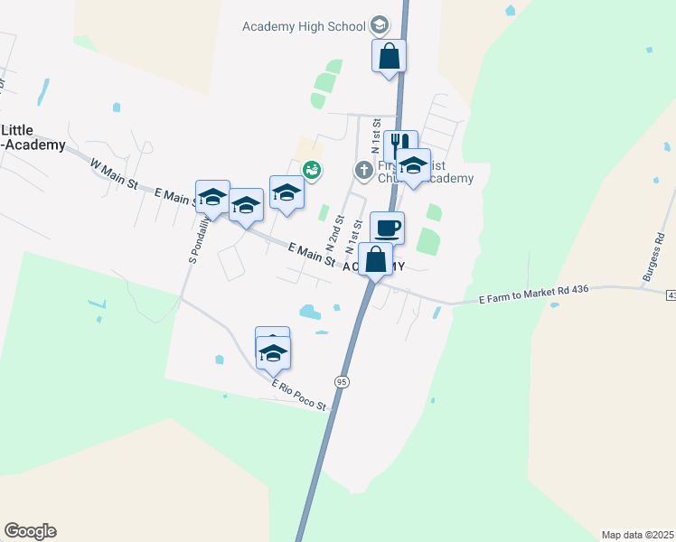 map of restaurants, bars, coffee shops, grocery stores, and more near 707 East Main Street in Little River-Academy