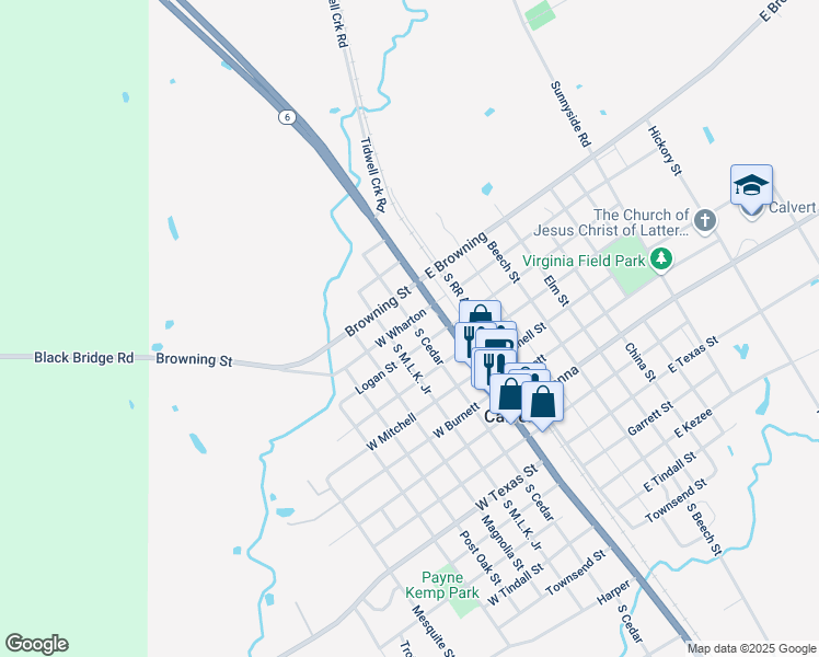 map of restaurants, bars, coffee shops, grocery stores, and more near 201 Cedar Street in Calvert