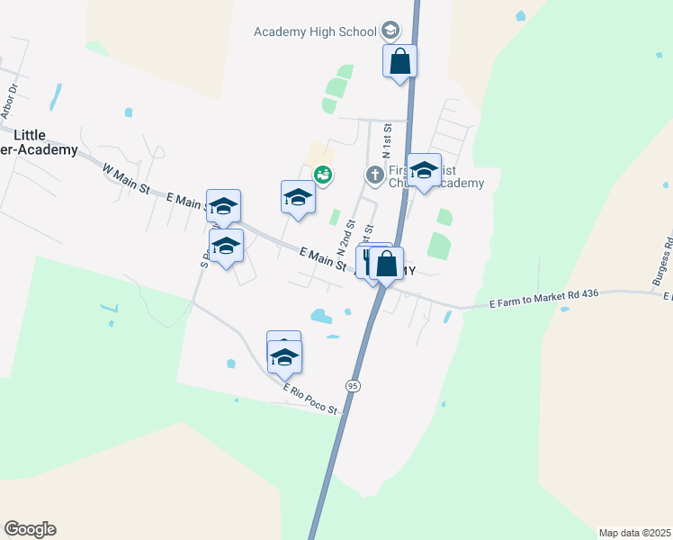 map of restaurants, bars, coffee shops, grocery stores, and more near 707 E Main St in Little River-Academy
