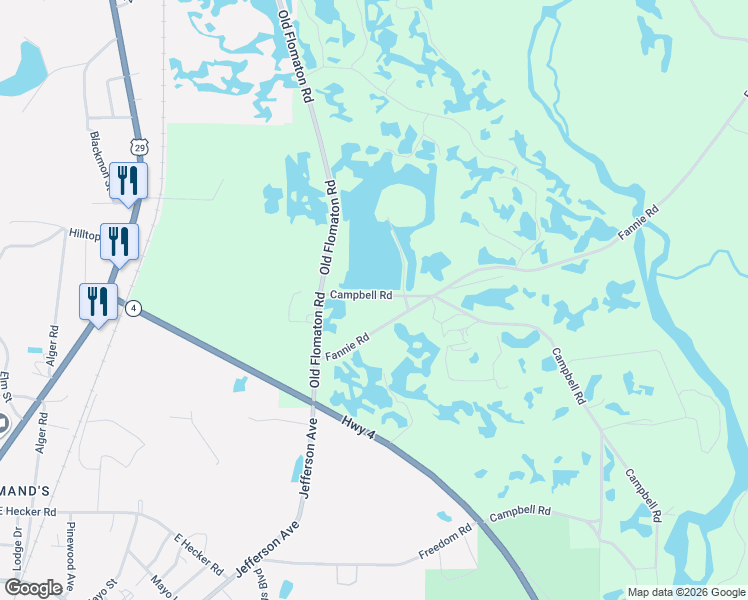 map of restaurants, bars, coffee shops, grocery stores, and more near 631 Campbell Road in Century