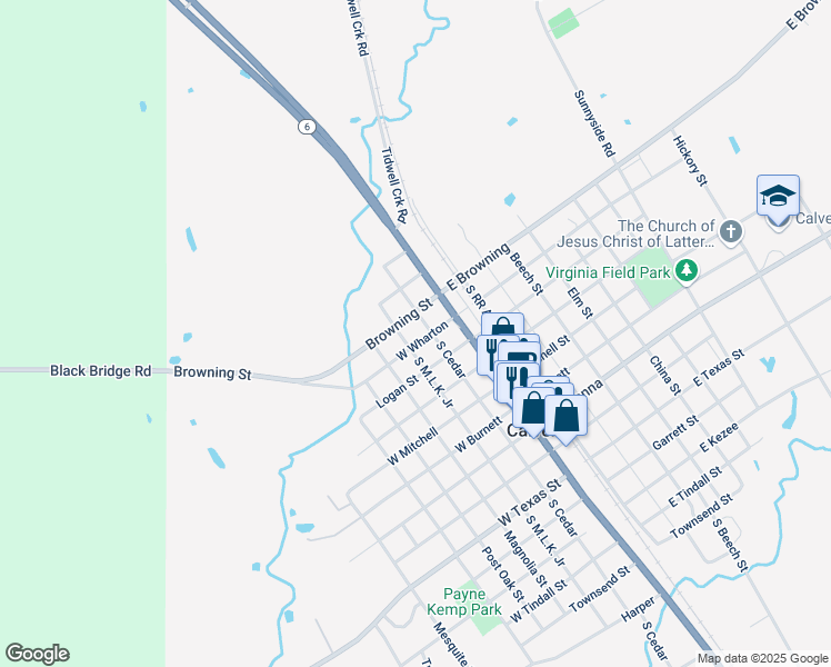 map of restaurants, bars, coffee shops, grocery stores, and more near 201 Cedar Street in Calvert