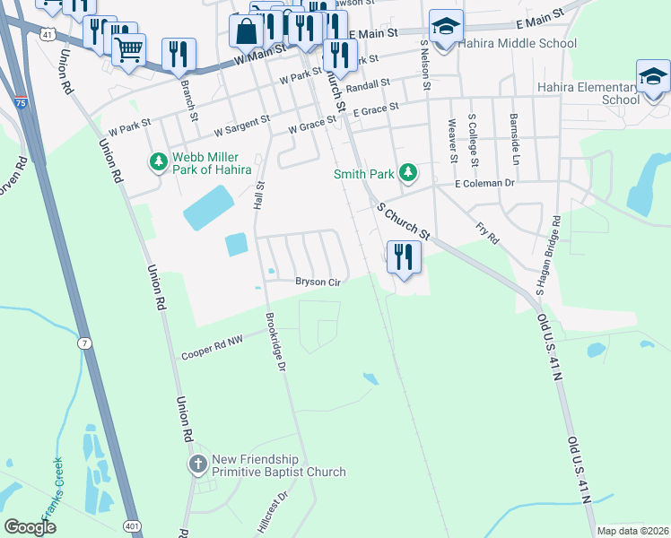 map of restaurants, bars, coffee shops, grocery stores, and more near 489 Bryson Circle in Hahira
