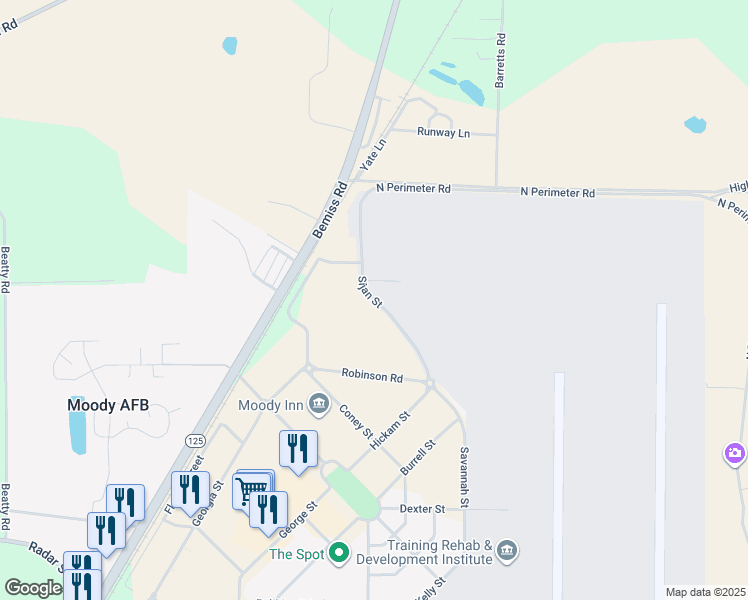 map of restaurants, bars, coffee shops, grocery stores, and more near Sijan Street in Moody Air Force Base