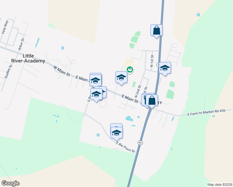 map of restaurants, bars, coffee shops, grocery stores, and more near 602 East Main Street in Little River-Academy