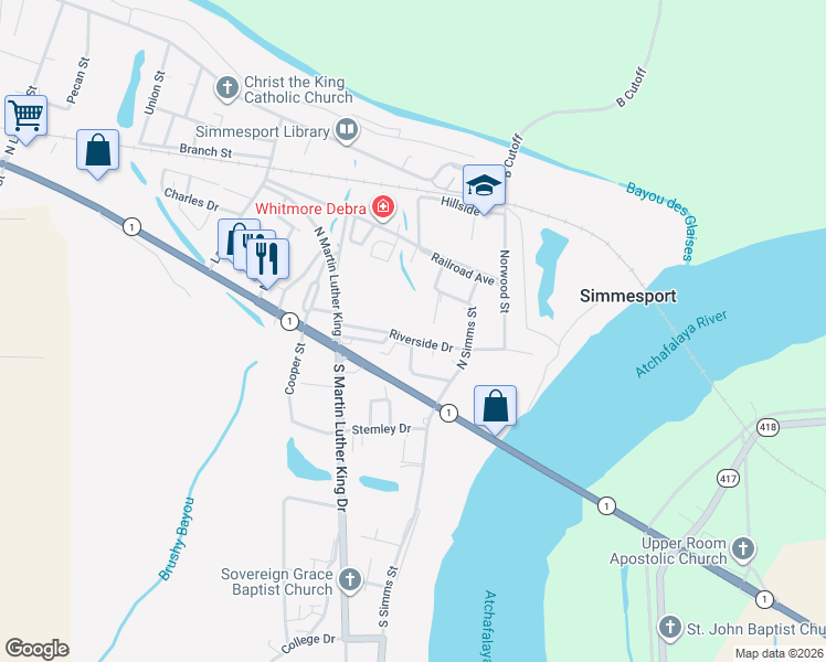 map of restaurants, bars, coffee shops, grocery stores, and more near Riverside Drive in Simmesport