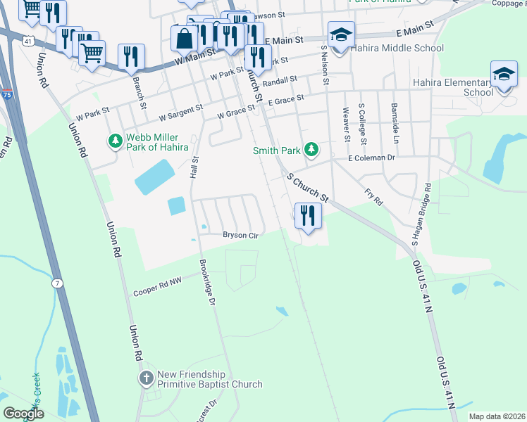 map of restaurants, bars, coffee shops, grocery stores, and more near 489 Bryson Circle in Hahira