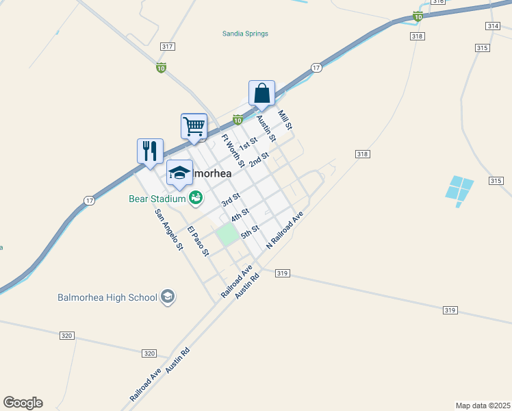 map of restaurants, bars, coffee shops, grocery stores, and more near 4th Street in Balmorhea