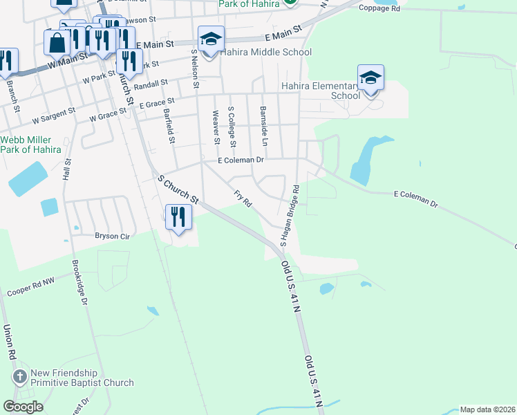 map of restaurants, bars, coffee shops, grocery stores, and more near 763 Fry Road in Hahira