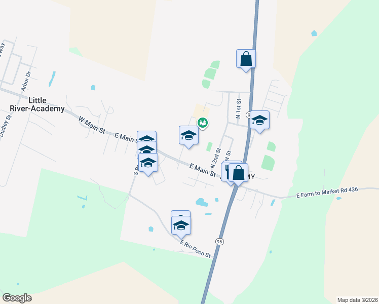 map of restaurants, bars, coffee shops, grocery stores, and more near 602 East Main Street in Little River-Academy