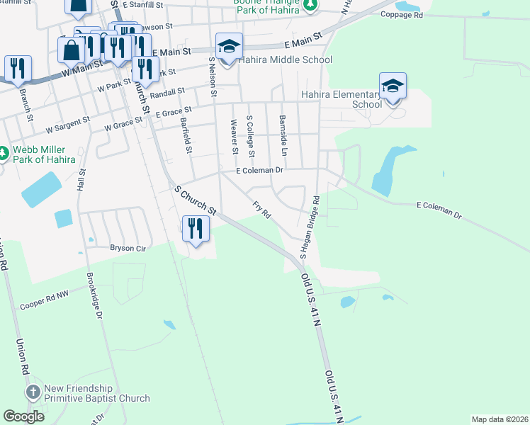 map of restaurants, bars, coffee shops, grocery stores, and more near 763 Fry Road in Hahira