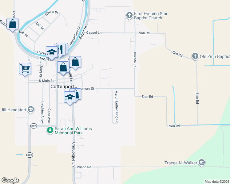 map of restaurants, bars, coffee shops, grocery stores, and more near 1211-1255 Sycamore Street in Cottonport