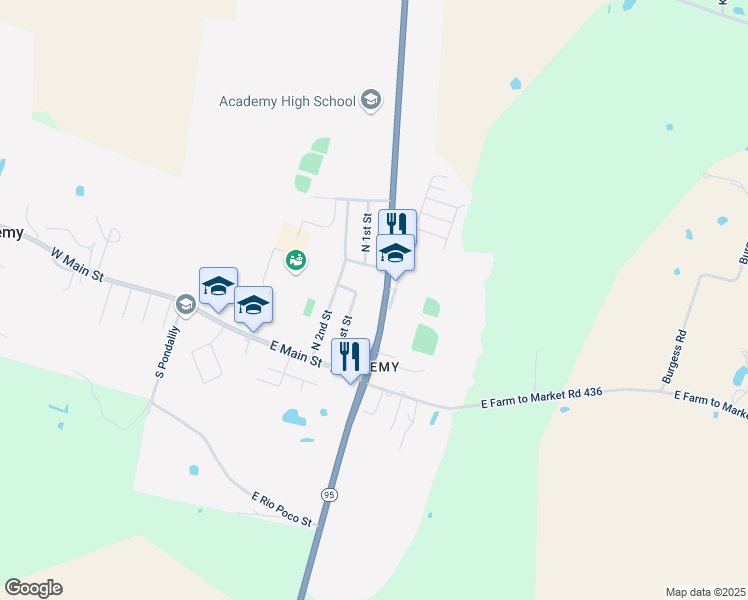 map of restaurants, bars, coffee shops, grocery stores, and more near 308 State Highway 95 in Little River-Academy