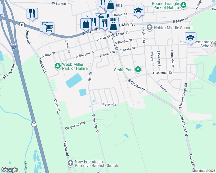 map of restaurants, bars, coffee shops, grocery stores, and more near 445 Bryson Cir in Hahira