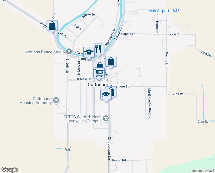 map of restaurants, bars, coffee shops, grocery stores, and more near 330 Choupique Lane in Cottonport