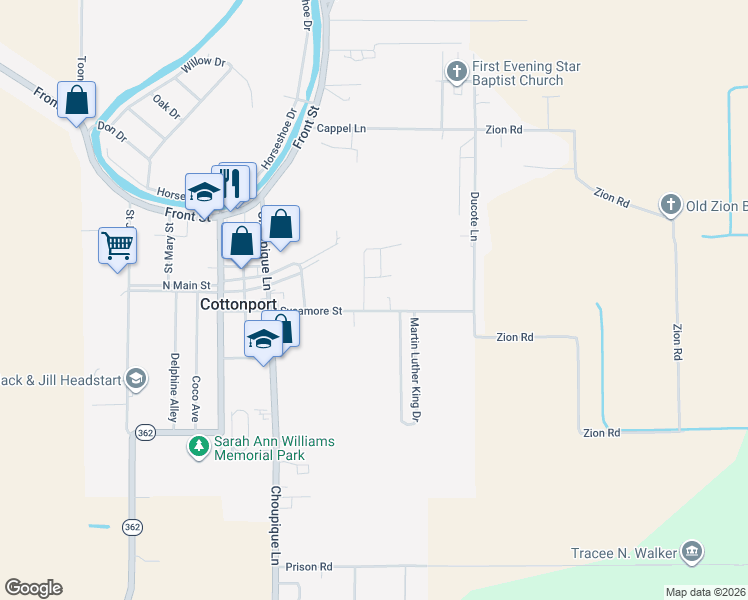 map of restaurants, bars, coffee shops, grocery stores, and more near 1211 Sycamore Street in Cottonport