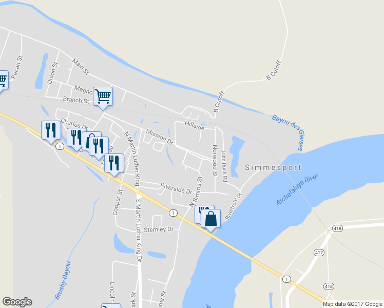 map of restaurants, bars, coffee shops, grocery stores, and more near 223 Railroad Avenue in Simmesport