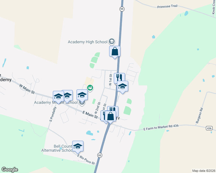 map of restaurants, bars, coffee shops, grocery stores, and more near 402 North 1st Street in Little River-Academy