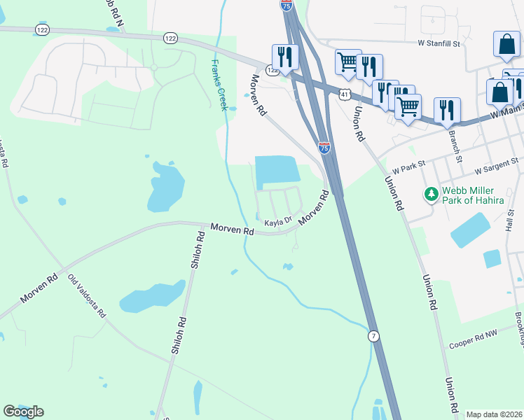 map of restaurants, bars, coffee shops, grocery stores, and more near 7640 Kayla Drive in Hahira