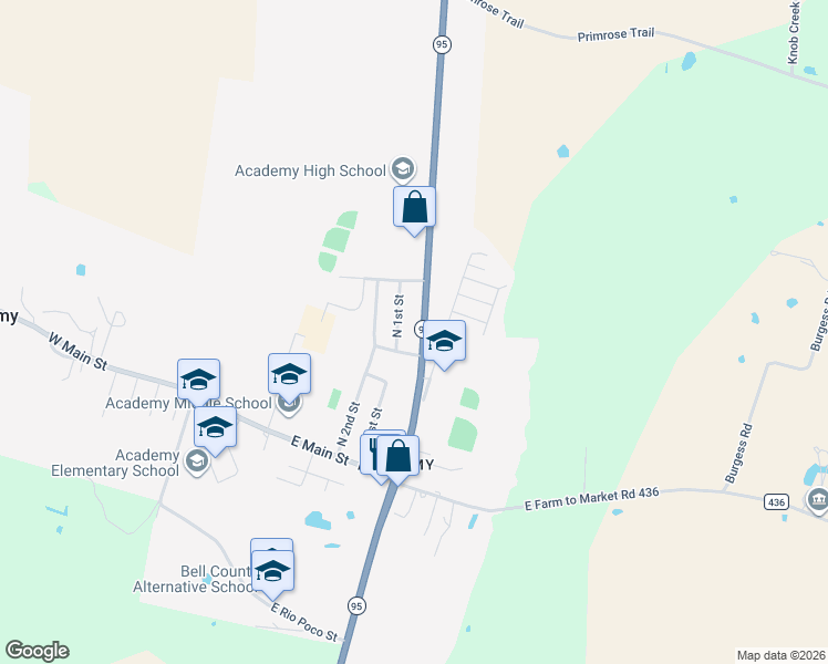 map of restaurants, bars, coffee shops, grocery stores, and more near 406 State Highway 95 in Little River-Academy