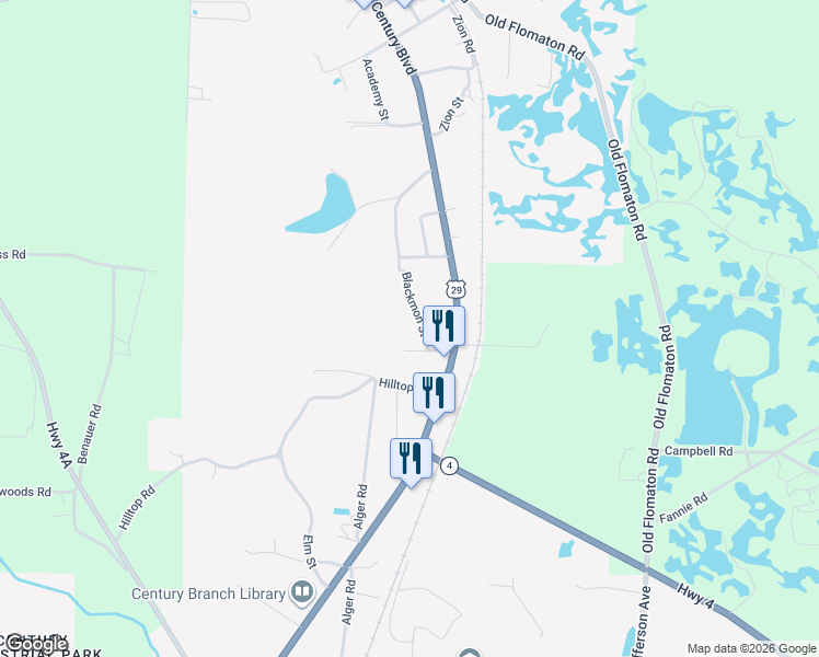 map of restaurants, bars, coffee shops, grocery stores, and more near 8631 Blackmon Street in Century