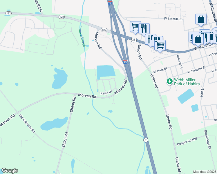 map of restaurants, bars, coffee shops, grocery stores, and more near 7601 Caden Way in Hahira