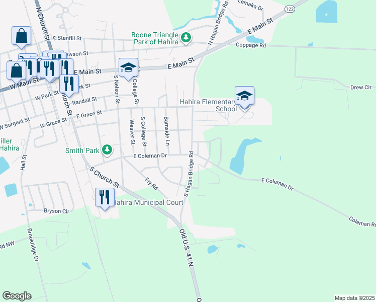 map of restaurants, bars, coffee shops, grocery stores, and more near 524 South Hagan Bridge Road in Hahira