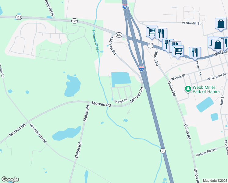 map of restaurants, bars, coffee shops, grocery stores, and more near 7640 Kayla Drive in Hahira