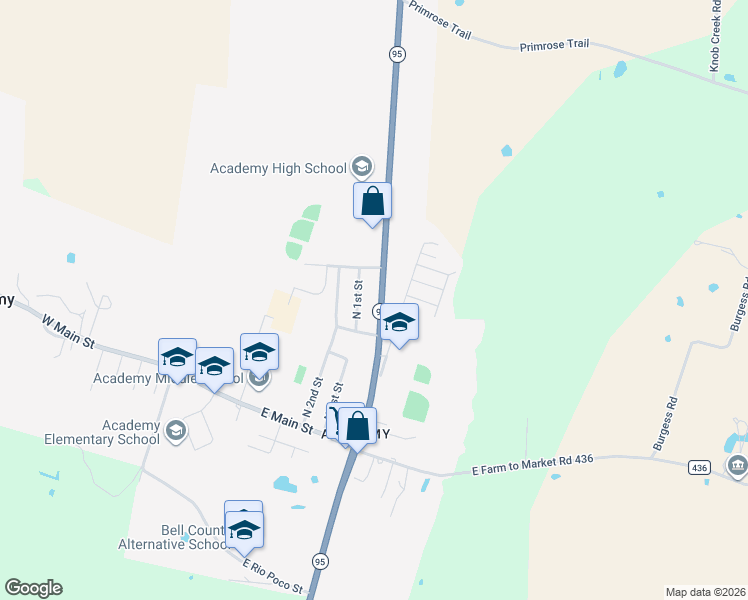 map of restaurants, bars, coffee shops, grocery stores, and more near 406 State Highway 95 in Little River-Academy