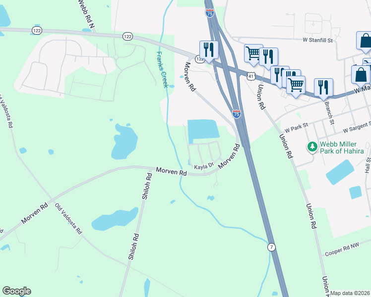 map of restaurants, bars, coffee shops, grocery stores, and more near 7661 Kayla Drive in Hahira