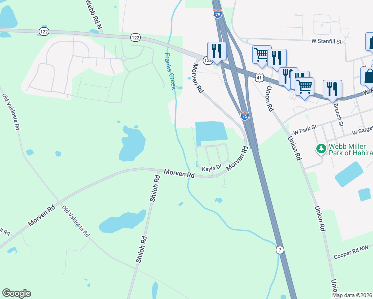 map of restaurants, bars, coffee shops, grocery stores, and more near 7661 Kayla Drive in Hahira