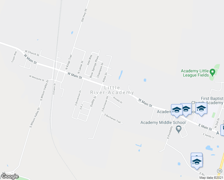 map of restaurants, bars, coffee shops, grocery stores, and more near in Little River-Academy