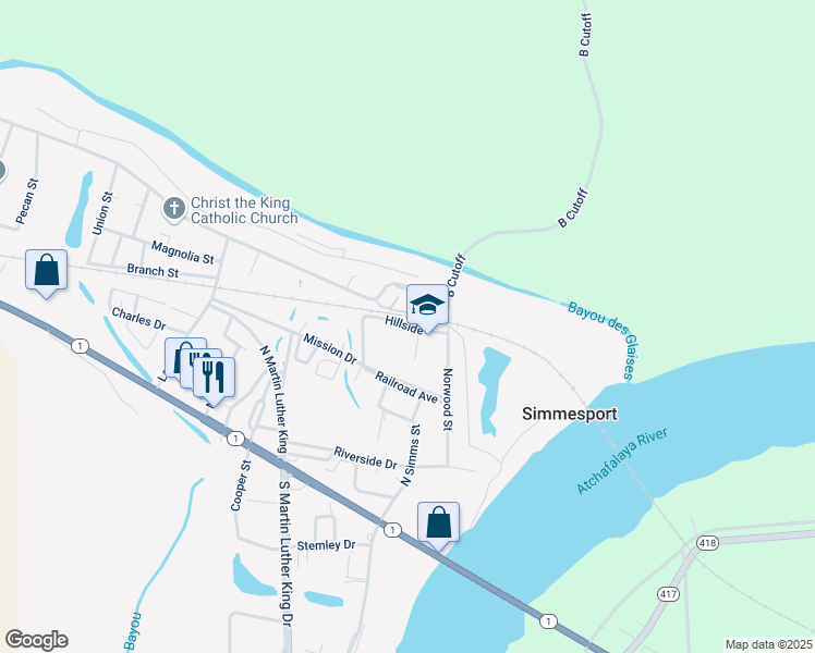 map of restaurants, bars, coffee shops, grocery stores, and more near Hillside in Simmesport