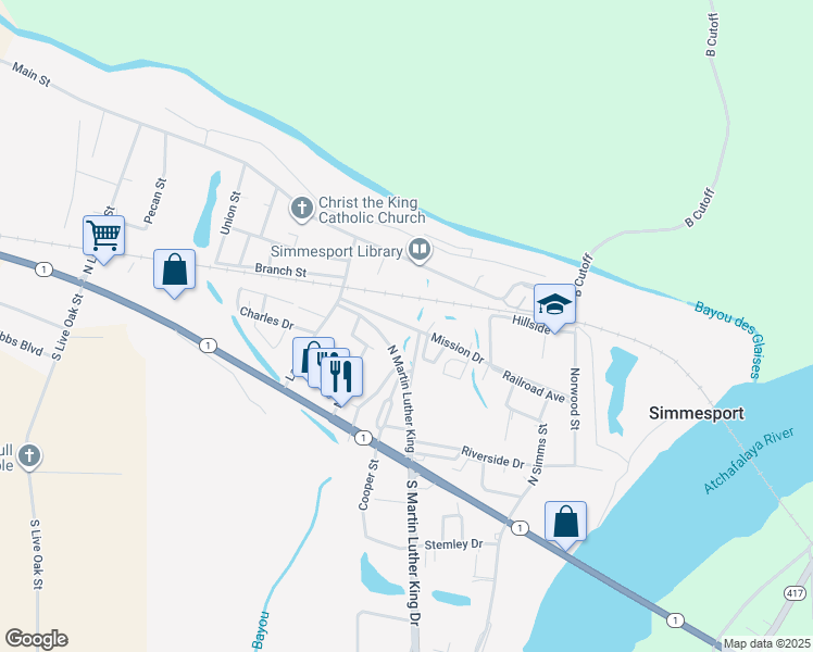 map of restaurants, bars, coffee shops, grocery stores, and more near Mission Drive in Simmesport