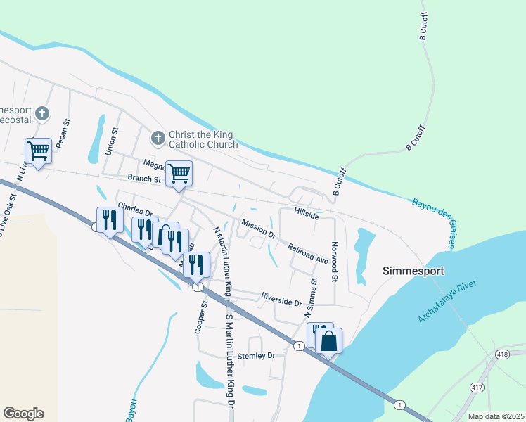 map of restaurants, bars, coffee shops, grocery stores, and more near Hillside in Simmesport