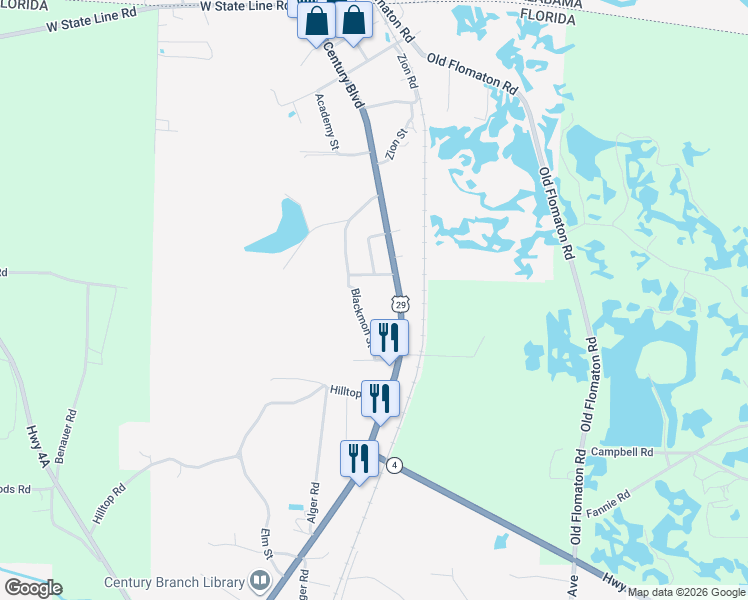 map of restaurants, bars, coffee shops, grocery stores, and more near 8740 Blackmon Street in Century