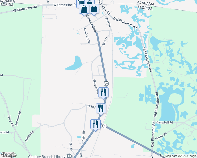 map of restaurants, bars, coffee shops, grocery stores, and more near 8740 Blackmon Street in Century
