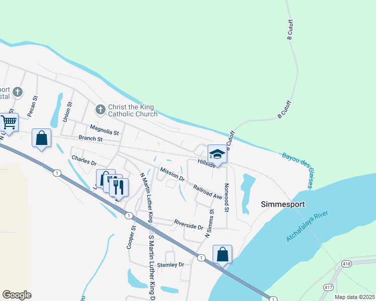 map of restaurants, bars, coffee shops, grocery stores, and more near Hillside in Simmesport