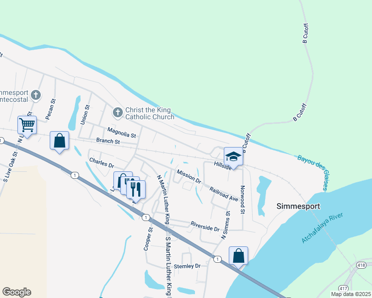 map of restaurants, bars, coffee shops, grocery stores, and more near 660-728 Main St in Simmesport