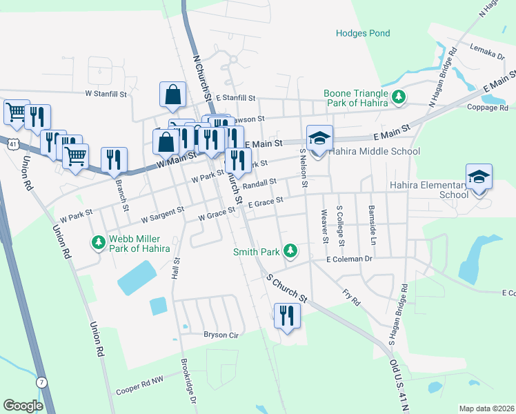 map of restaurants, bars, coffee shops, grocery stores, and more near 109 East Grace Street in Hahira