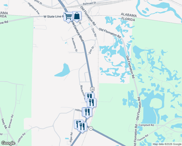 map of restaurants, bars, coffee shops, grocery stores, and more near 8842 North Century Boulevard in Century