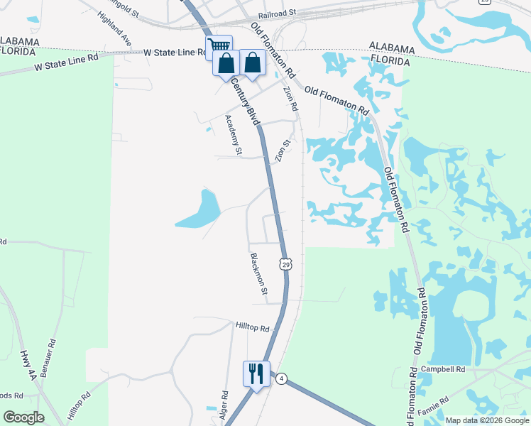 map of restaurants, bars, coffee shops, grocery stores, and more near 8800 North Century Boulevard in Century