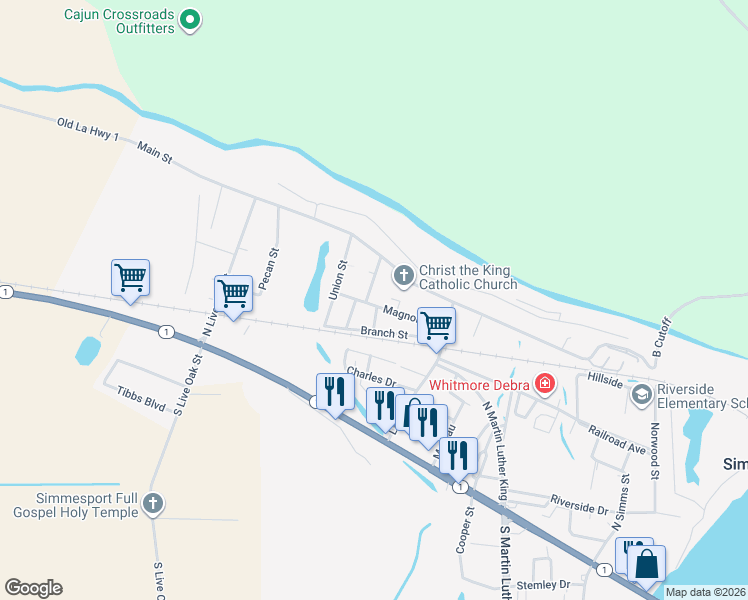 map of restaurants, bars, coffee shops, grocery stores, and more near 400-514 Garden Drive in Simmesport