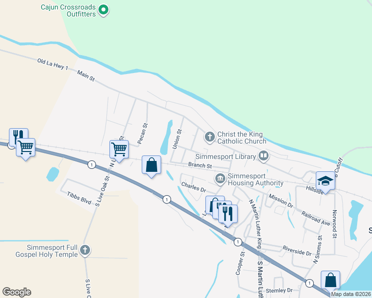 map of restaurants, bars, coffee shops, grocery stores, and more near Magnolia Place in Simmesport