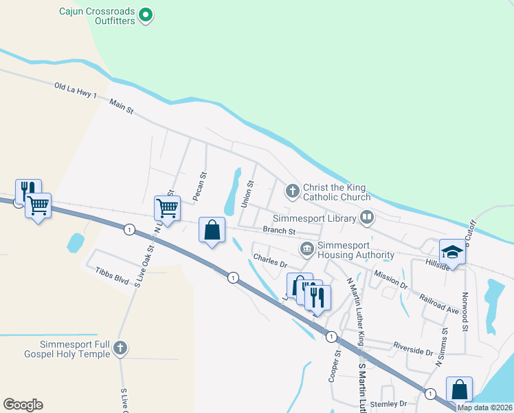 map of restaurants, bars, coffee shops, grocery stores, and more near Magnolia Place in Simmesport