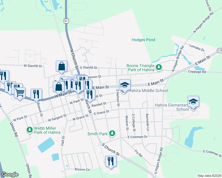 map of restaurants, bars, coffee shops, grocery stores, and more near 214 East Main Street in Hahira